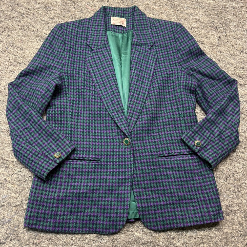 Petite Pendleton Wool Blazer 10 Green Purple Houndstooth Vintage P336-225